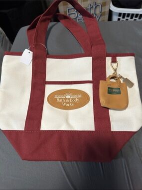 Bath & Body Works Cream and Burgundy Canvas Tote with Tan Keychain